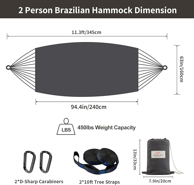 Brazilian Double Hammock with Tree Straps,Extra Large 94x63IN,2 Persons Hammock for Backyard Patio Outdoor and Indoor,450lbs Weight Capacity,Soft Woven Cotton Fabric - Dark Grey