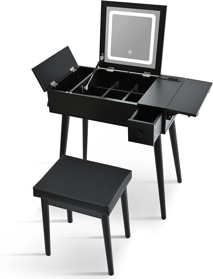 Black Makeup Vanity Desk with Flip Top Mirror and LED Light, Dressing Table Set with Cushioned Stool, Charging Station, 2 Drawers and Fold-up Panel for Bedroom ﻿