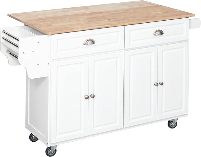 HOMCOM Rolling Kitchen Island Cart with Drop Leaf, Kitchen Cart on Wheels with Rubber Wood Top, 2 Drawers and 2 Storage Cabinets, Island Table for Kitchen, Dining Room, White