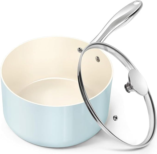 MICHELANGELO 3 Quart Saucepan with Lid - Non Toxic Sauce Pan with Nonstick Ceramic Coating, Scratch-Resistant, Induction Saucepan Suitable for All Stovetops, Light Blue