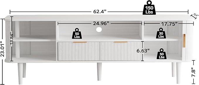 TV Stand 62.4 Inch Mid Century Modern Media Console Table with Drawer Sliding Tambour Door Farmhouse Sideboard Buffet Cabinet Fits TVs up to 75 inch Fluted Wood Entertainment Center(White)