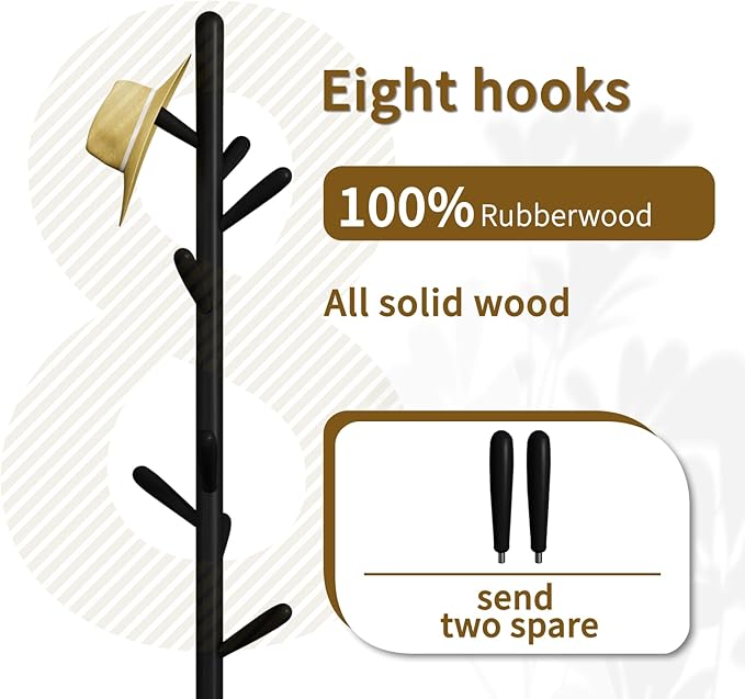 Solid Wood Square Base Coat Rack, Free Standing Hall Coat Tree with 8 Hooks（+2 spare for Coats, Hats, Bags, Purses, for Entryway, Hallway, Rubberwood Hooks,Base and Pole,(Square Base, Black)