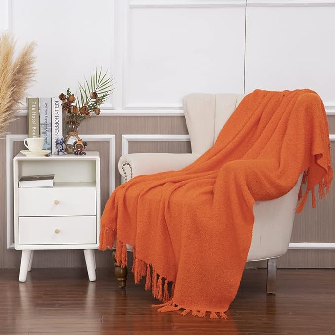 Gealaek Decorative Fluffy Faux Cashmere Throw Blanket Bright Orange Fringe Lightweight Fuzzy Soft Cozy Throws for Sofa Bed Farmhouse Throw Blanket 50" x 60"