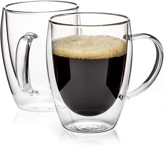 Espresso Cups Set Of 2, Double Walled Glass Coffee Mugs with Handle,Insulated Layer Coffee Cups,Clear Borosilicate Glass Mugs,Perfect for Cappuccino,Tea,Latte,Espresso (12oz-2Pack)
