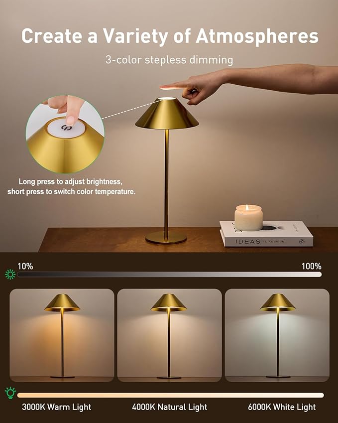 Bojim Gold Cordless Table Lamp, Rechargeable Touch Lamps with 3 Color Dimming, Wireless Battery Operated Lamp for Bedroom/Living Room