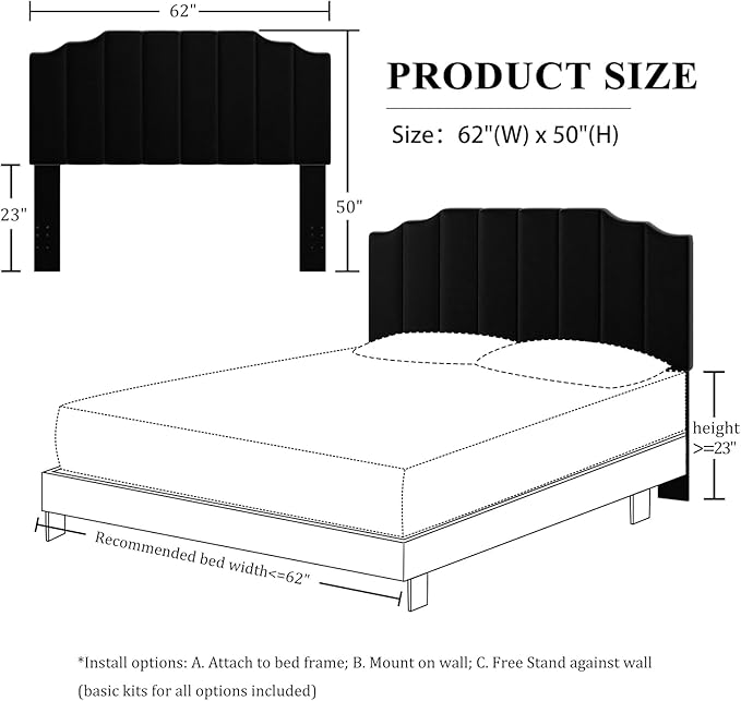 Queen Size Headboard Only, Velvet Wall Mounted Headboard Queen Size for Adjustable Bed, Modern Vertical Channel Design with Curved Tufted Upholstered Head Board and Luxury Soft Padded, Black