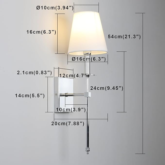 PERMO Set of 2 Classic Rustic Industrial Wall Sconce Lighting Fixture with Flared White Textile Lamp Shade and Chrome Tapered Column Stand