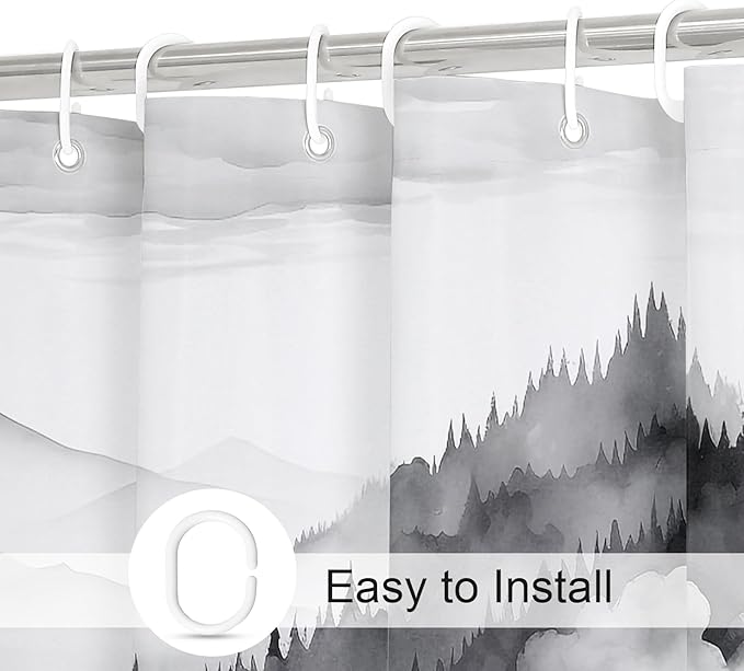 Black Small Stall Misty Pine Forest Shower Curtain 36 x 72, Mountain Foggy Woodland Scenery Tree Narrow Half Size Shower Curtains for Bathroom, Abstract Waterproof Nature-Themed Decor