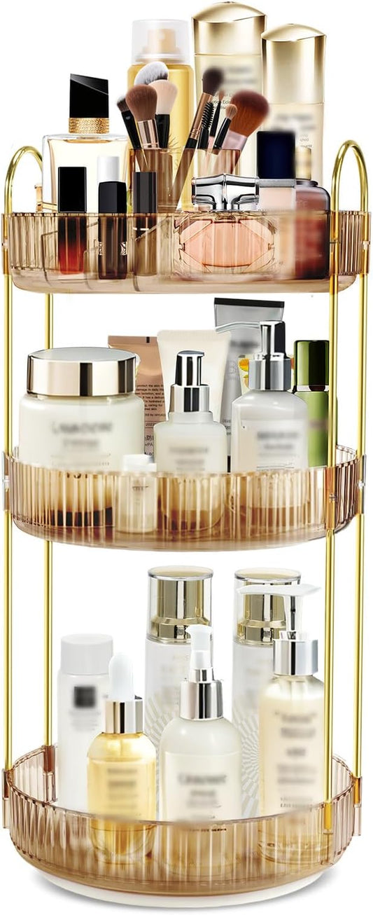 360 Rotating Makeup Organizer for Vanity,3 Tier Large Capacity Skincare Organizers,Bathroom Counter Organizer, transparent Spinning Perfume Organizer & Vanity Organizer (NEW-GOLD, 3 Tier)