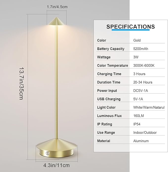 2-Pack 6000mAh Rechargeable Led Table Lamp Cordless,3000K-6000K Stepless Dimming Touch Lamps with Memory Function,IP54 Waterproof Aluminum Table Light for Outdoor/Bars/Restaurant/Patio(Bronze)