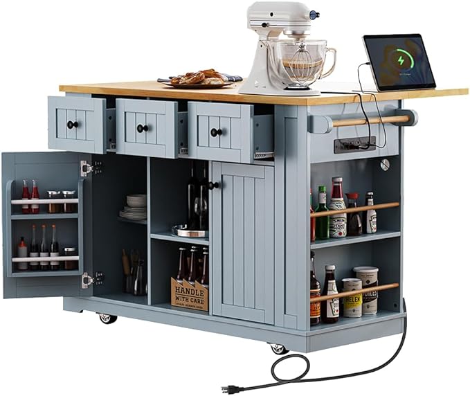 Rolling Kitchen Island with Storage, Kitchen Cart on Wheels with Drop Leaf, Mobile Kitchen Storage Cart with Power Outlet, Open Side Racks, 53 Inch Width, Three Drawers (Grey Blue)