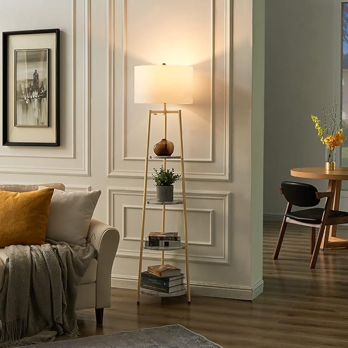 Floor Lamp, Standing Reading Light with Shelves and Fabric Shade, Modern Tall Pole Lamp, Accent Furniture Décor Lighting for Living Room, Bedrooms (Gold, 4-Tier)