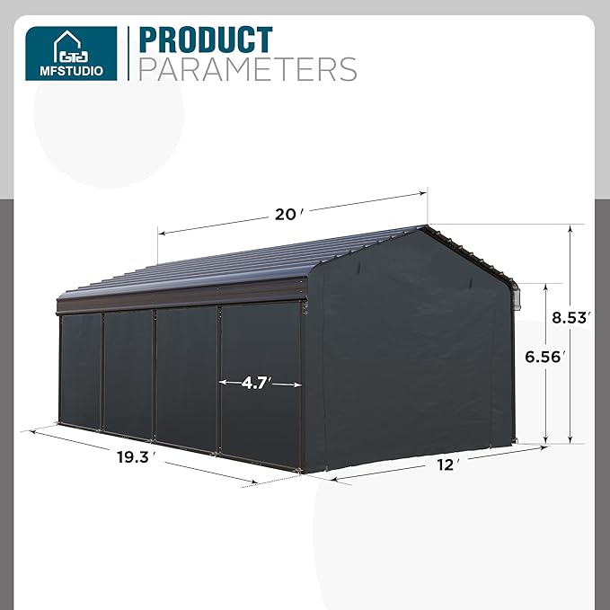 MFSTUDIO Carport 12x20 ft, Outdoor Heavy Duty Carports with Sidewalls, Metal Shed Canopy Shelters Garage Shelter Shade Car Ports with Galvanized Roof for Cars, Truck and Boats