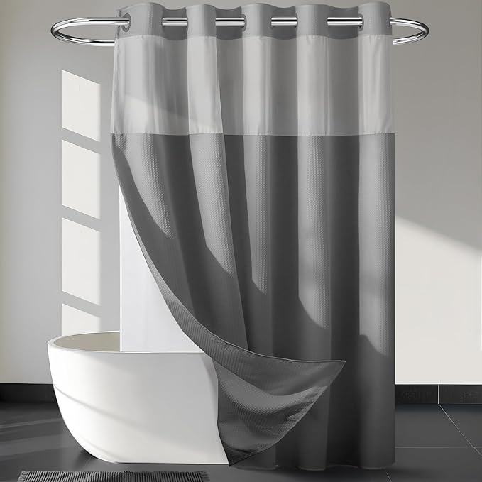 River Dream Heavyweight No Hooks Required Dotted Waffle Weave Shower Curtain with Snap in Liner - 71W x 80H,Hotel Grade,Spa Like Bath Curtain,Gray