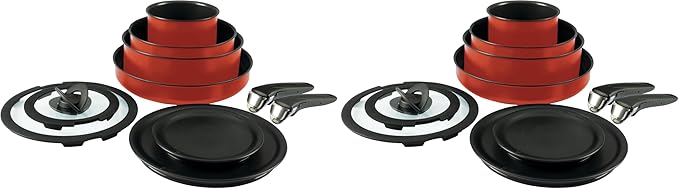 T-fal Ingenio Nonstick Cookware Set 10 Piece, Induction, Oven Broiler Safe 500F, Cookware, Pots and Pans, RV, Camping, Oven, Broil, Dishwasher Safe, Detachable Handle, Red (Pack of 2)