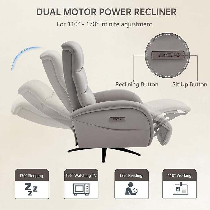 Power Recliner Chairs for Adults, Recliner Swivel Chair with USB & Type-C Ports, Khaki Fabric Recliner Chairs for Adults with 270° Swivel, Oversize Reclining Chair W/ 20.1" Wide Seat