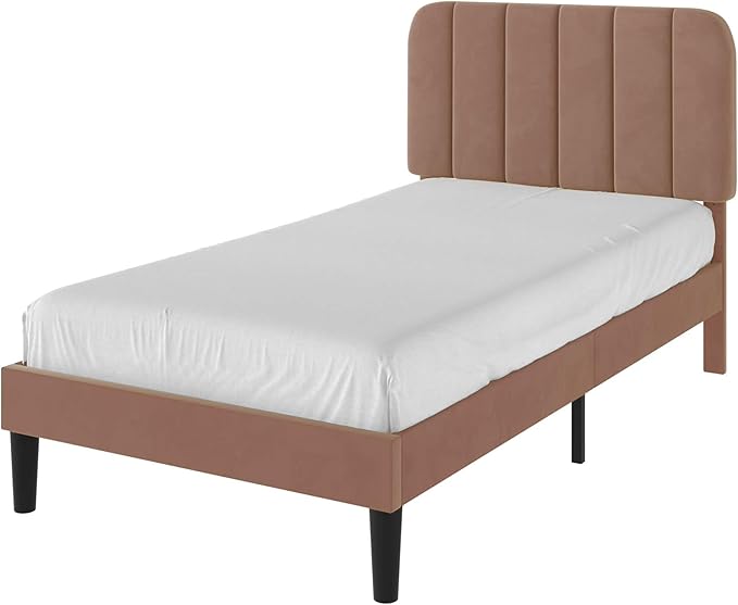 VECELO Twin Size Bed Frame with Upholstered Headboard, Velvet Platform Bedframe Mattress Foundation, Strong Wood Slat Support, No Box Spring Needed,Warm Brown