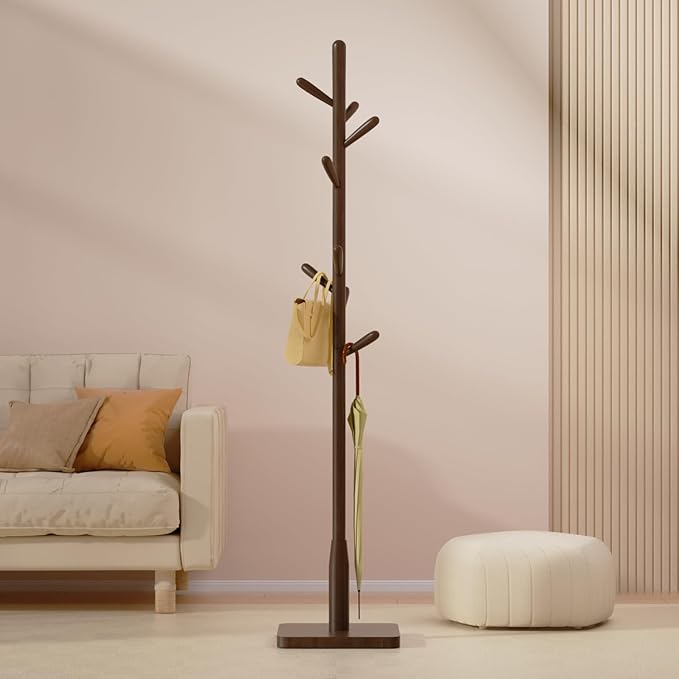 Solid Wood Square Base Coat Rack, Free Standing Hall Coat Tree with 8 Hooks（+2 spare) for Coats, Hats, Bags, Purses, for Entryway, Hallway, Rubberwood Hooks,Base and Pole,(Square Base, Dark Walnut)