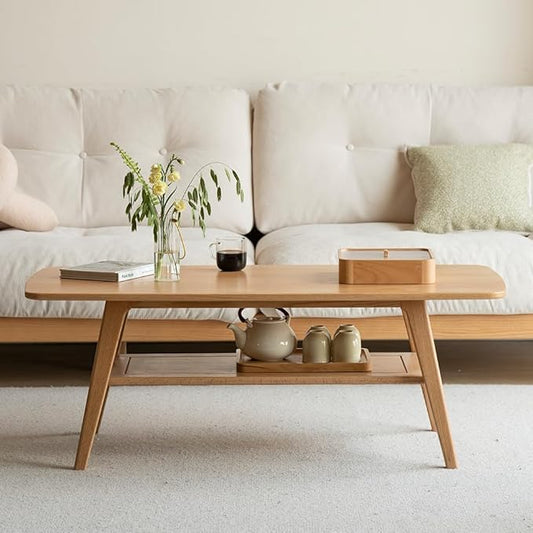 100% Solid Wood Coffee Table for Living Room, 39.37" Mid Century Modern Small Tables with Shelf Storage, 2-Tier Coffee Table with Rounded Corners (Oak Wood Log Color, 39.37" L)