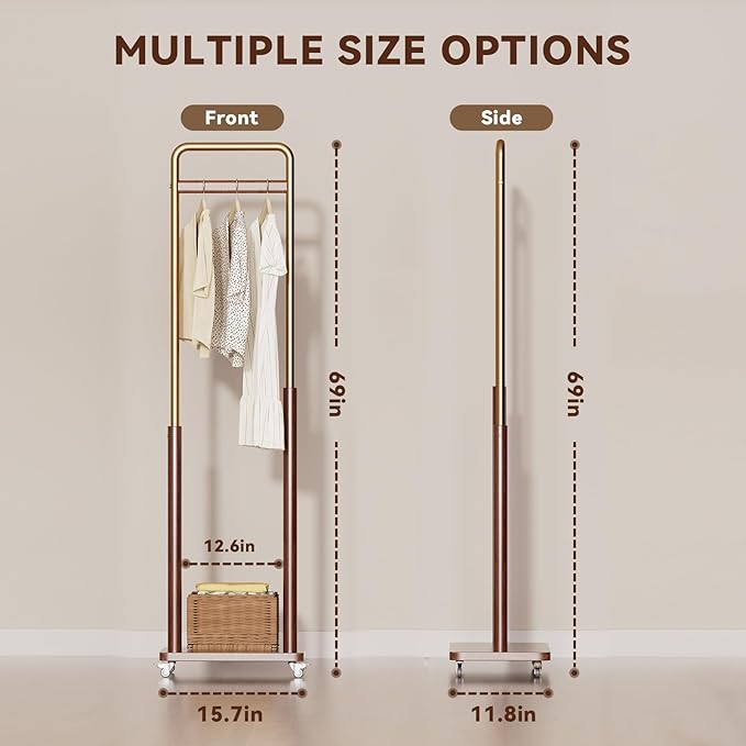 Clothes Rack Solid Wood Coat Rack, Metal and Solid Wood Combination Clothing Rack with Wheels for Entryway, Bedroom, Living Room, Coat Racks Freestanding for Hanging Clothes Garment Scarf