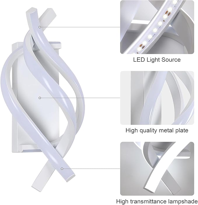 Modern LED Wall Sconce 21W Indoor Wall Sconces Light Cool White 6500K Spiral Design Wall Mounted LED Lamp for Bedroom Stairwells Living Room Hallway Office (White, 6500K)