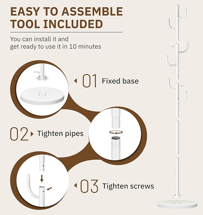 MISSLO Heavy Duty Coat Rack Freestanding 4 Adjustable Size Coat Tree with Stable Wood Base Coat Hanger Stand with 6 Hooks Standing Clothes Tree for Bedroom, White