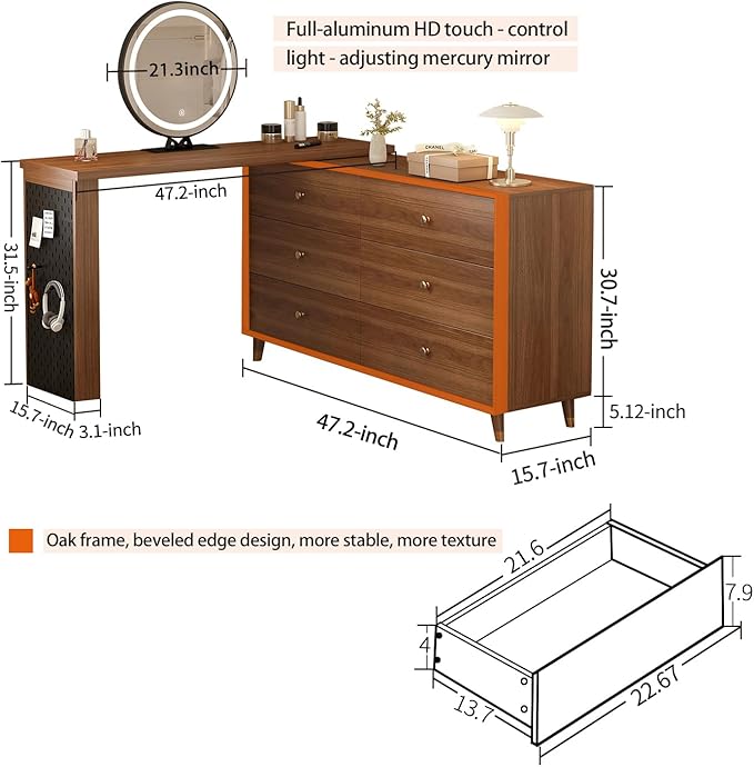 Makeup Vanity Desk with Full Aluminum HD Lighted Mirror, 50-90in Extendable Modern Vanity Table, 6-Drawer Solid Wood FrameStorage Cabinet, Dressing Table for Bedroom (Brown, 6-drawer-47.2)