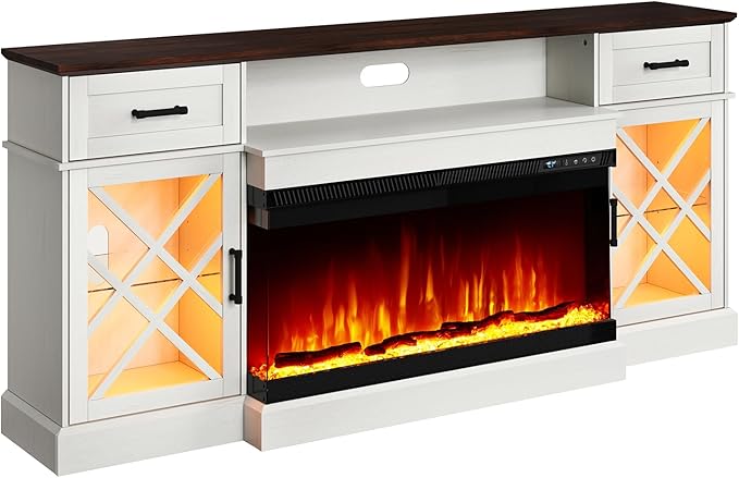 3-Sided Farmhouse LED Fireplace TV Stand, 70" Large Entertainment Center Glass Doors for TVs up to 80", Modern Wood Grain High-Gloss TV Storage Cabinet for Living Room, Antique White