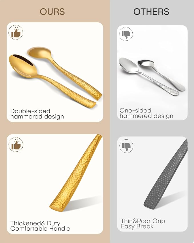 Silverware Set,Ollex 60-Pieces Hammered Gold Flatware Cutlery Set for 12 Mirror Finished with Anti-rust stainless steel Spoon Knives Forks for Kitchen Hotel Party Modern Utensil Sets,Dishwasher Safe