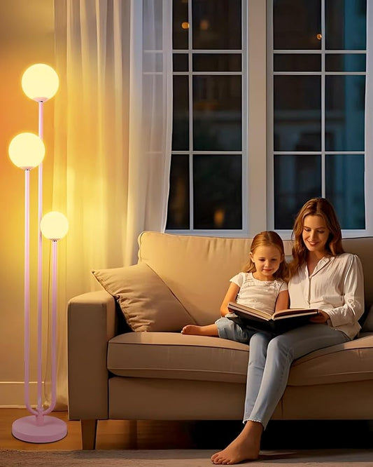 Lightdot 63IN Pink Floor Lamp Mid Century Modern Floor Lamp with 3 Globe Soft Warm White 3000K Bulbs Candle Holder Style Standing Lamp for Wedding Party/Living Room