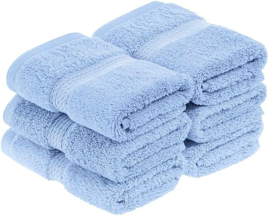 Superior Egyptian Cotton Pile Face Towel/Washcloth Set of 6, Ultra Soft Luxury Towels, Thick Plush Essentials, Absorbent Heavyweight, Guest Bath, Hotel, Spa, Home Bathroom, Shower Basics, Light Blue