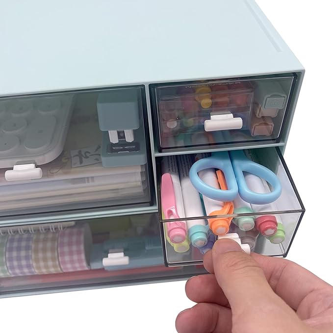 Desk Organizer with 4 Drawers, Makeup Organizer, Plastic Sundries Storage, Vanity Organizer, Cosmetic Storage Organizer, Desk Storage Box, Bathroom Counter or Dresser, Blue (CD-QBH-02)