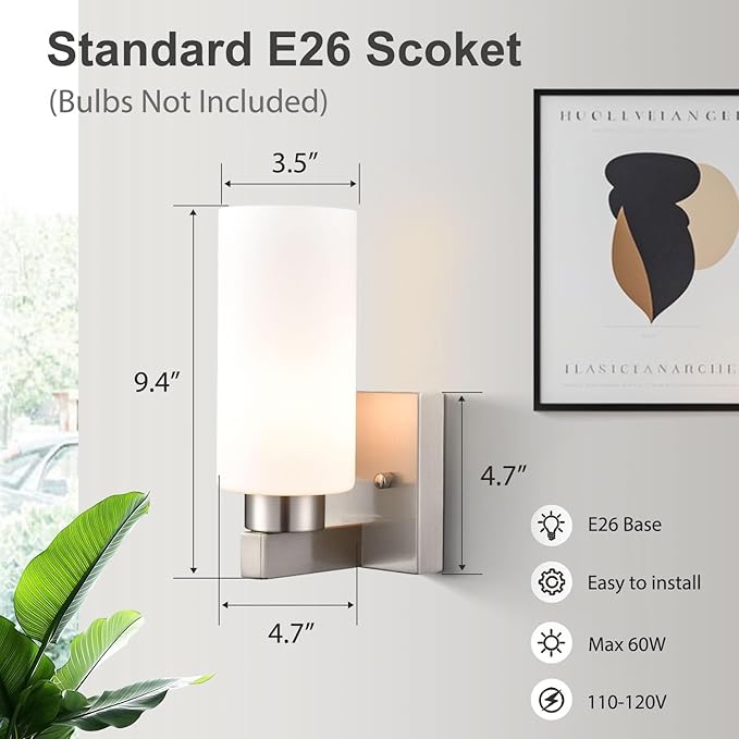 Modern Wall Sconces Set of Two Brushed Nickel Bathroom Vanity Light with Milky White Cylinder Glass Shade