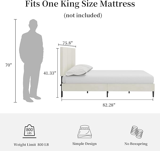 King Bed Frame with Headboard, Vertical Channel Tufted Heavy Duty King Size Bed Frame, No Box Spring Needed, Easy Assembly, Platform Bed Frame with Headboard, Beige