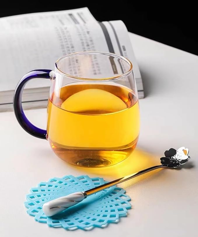 Clear Glass Mug with Handle, Blue Handle/16 oz, high borosilicate glass mug for large glass coffee cups with handles, beverage mugs with handles, or as a gift!…