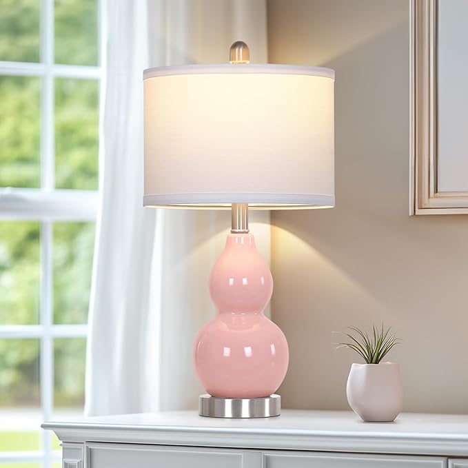 Double Gourd Ceramic Table Lamps Set of 2, Modern Pink Bedside Lamps for Night Stand, Contemporary Nightstand Lamps for Bedroom Living Room (Bulb Included)