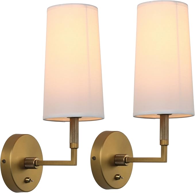 Brass Wall Sconces Set of Two, Hardwired White Fabric Shade Wall Lamps, Bathroom Vanity Lights Fixture with Switch, Indoor Wall Lights for Bedroom Living Room Corridor