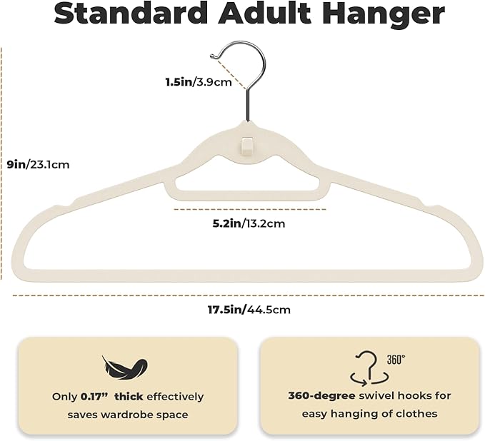 Ivory Velvet Hangers 50 Pack, Felt Covered Non Slip Fabric with Stackable Cascading Hook, Ultra Thin and Space Saving with 360° Swivel Neck, 15Lbs Capacity for Clothes, Suit, Shirt, Coat