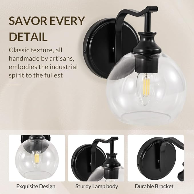 ANDY STAR 1-Light Bathroom Light Fixtures, Black Wall Sconces, Bathroom Vanity Light with Clear Glass Shade, Modern Wall Light Fixtures for Bath Mirror Hallway Bedroom Living Room, Hardwired, E26 Base