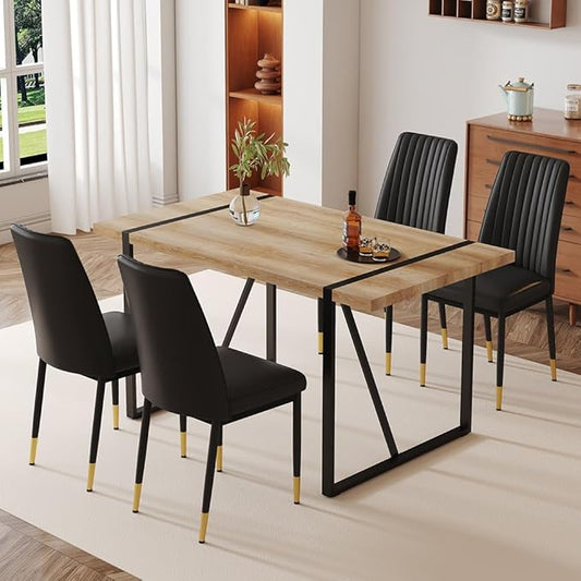 Dining Table Chairs Set for 4, Modern Rectangular Dining Room Table Set PU Leather Upholstered Dining Chairs 55" Dinner Table Set for Kitchen, Dining Room (Dining Table Set for 4, Black)