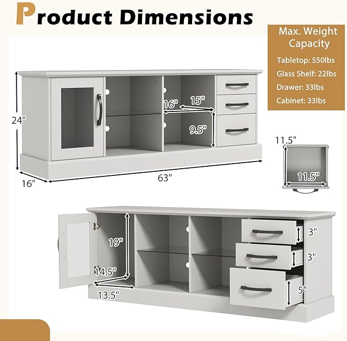Giantex Farmhouse TV Stand for 73 Inch TV, Wood TV Console Table w/Removable Glass Shelves, Cable Management Holes & Drawers, Rustic Entertainment Center with Storage for Living Room, Bedroom, Grey