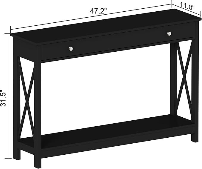 Treocho 47" Farmhouse Console Table with Drawer and Storage Shelves, Foyer Sofa Table Narrow for Entryway, Living Room, Hallway, Black