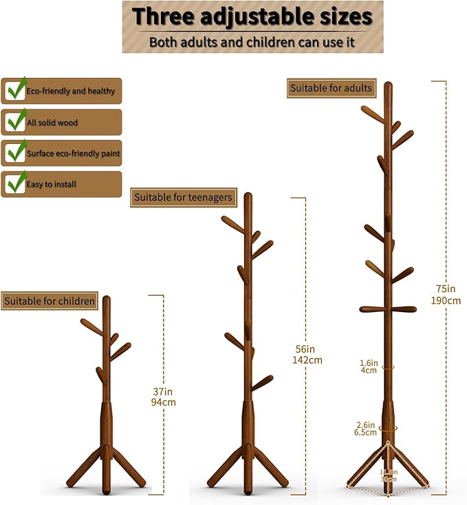 Solid Wood Coat Rack, Freestanding Tree-Shaped Coat Rack with 11 Hooks, Main Pole 1.6" dia for Clothes, Hat Stand Used in Bedroom/Office/Entryway (3-Leg Base, Brown)