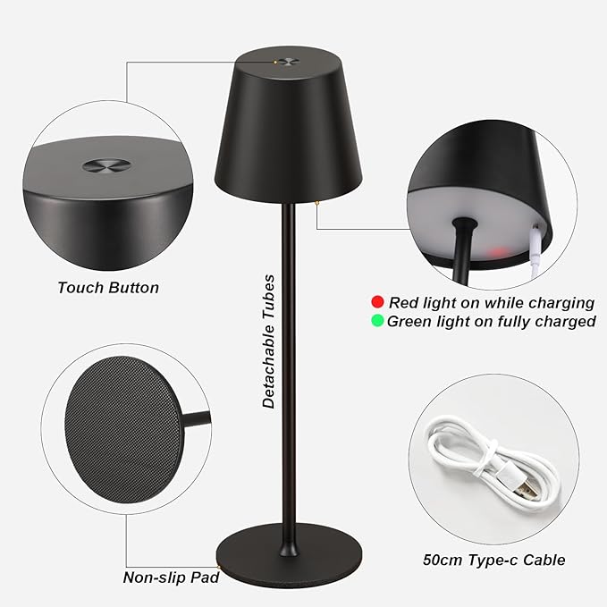 Cordless Table Lamp Rechargeable Black - KK 2 Pack 5000mAH Battery Operated Lamp for Counter, 3 Color Stepless Dimming Waterproof LED Wireless Lamp for Dining Kitchen, Outdoor Patio, Touch Control
