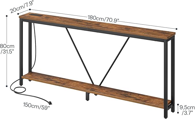 HOOBRO 70.9" Extra Long Sofa Console Table with Charging Station, 2-Tier Behind Couch Table with V-Brace, for Narrow Entryway, Hallway, Living Room, Rustic Brown BF186UXG01