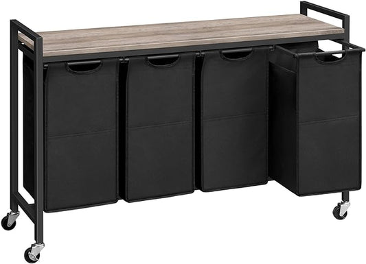 HOOBRO Laundry Sorter 4 Sections, Laundry Hamper with Wheels, 4 × 10.5 Gal (39.8L), Rolling Laundry Basket, Pull-Out and Removable Oxford Fabric Bags, Greige and Black BG04XY01
