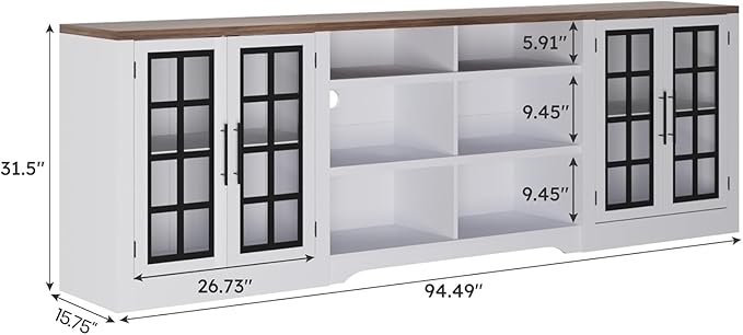 Farmhouse TV Stand for TVs up to 100", Modern Entertainment Center with 2 Cabinets and 3-Tier Open Shelves, Rustic TV Console for Living Room, Bedroom, White