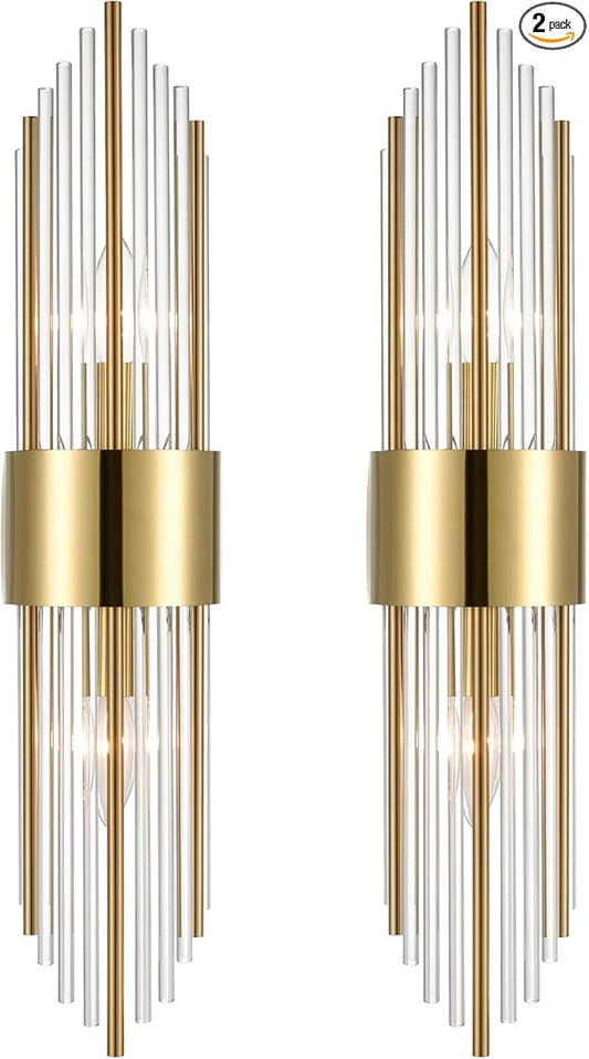 2-Light Modern Brushed Titanium Gold Wall Sconce with Clear Glass Crystal Luxury Wall Light Fixtures for Bedroom Living Room Bathroom Vanity Mirror Light Fixtures Set of 2