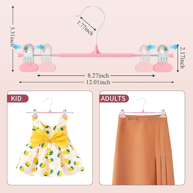 Clothes Pants Hangers with Wide Clips 10 Pack,Non-Slip Adjustable Skirt Hanger for Women,Space-Saving Heavy Duty Men Hangers for Pants,Trousers,Jeans,Shorts 12Inch Pink