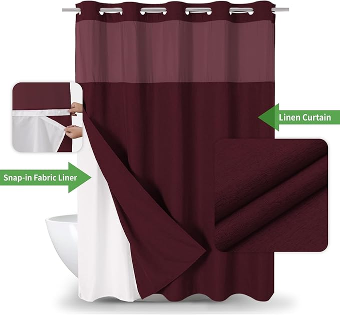 No Hooks Needed Linen Textured Shower Curtain with Snap-in Fabric Liner Set,Hotel Luxury Decor Shower Curtains for Bathroom with Mesh Top Window,Waterproof & Washable,71Wx74H,Burgundy